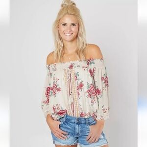 Coco & Jaimeson Cream & Rust Floral Smocked On/Off Shoulder Boho Top W/ Tassels‎